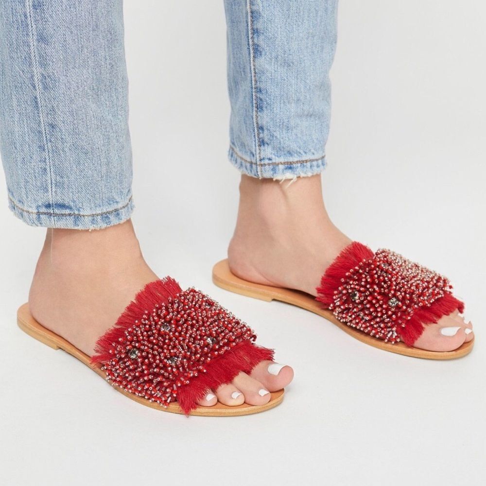 Free People Padded Slide Sandal Dark Red Suede Beaded Fringe Sandals Size 40